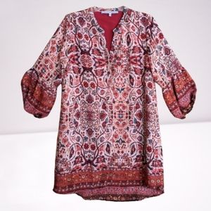 Collective Concepts Red Hippy Chic Paisley Floral Shift Dress Puff Sleev…